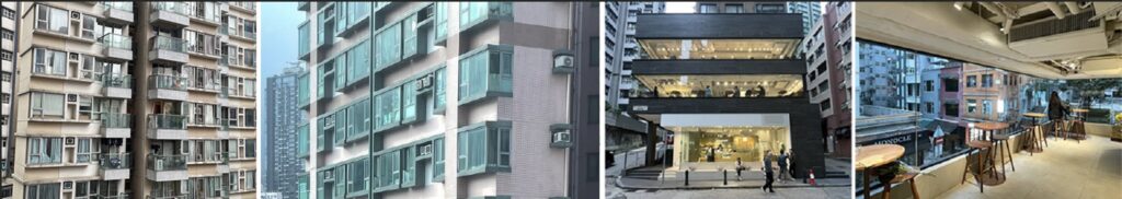 View of typical bay-windows (semi-habitable windowsill spaces or glorified window ledges with adjacent space for small A/C units) that cover entire facades on high-rise residential units in Hong Kong (left); in contrast, view of the Blue Bottle Coffee shop (middle right), and interior view towards St Francis Street (right) (author’s collection)